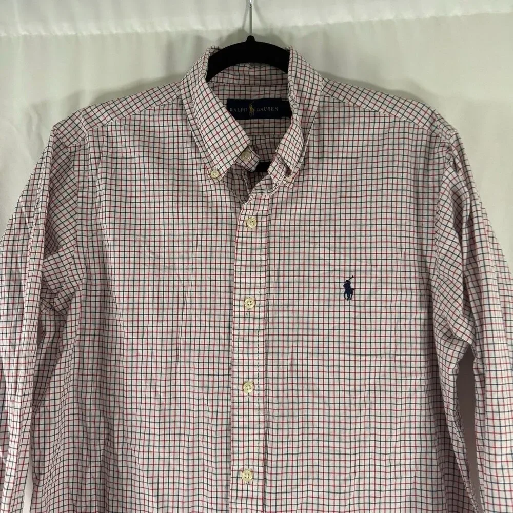 Ralph Lauren Dress Shirt Men's Medium Red Blue Plaid Button Up Long Sleeve